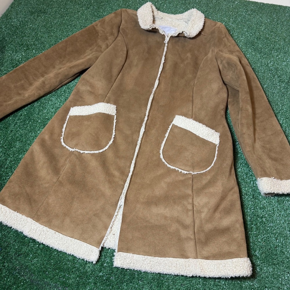Old Navy Womens Faux Suede Shearling Lined Longline Coat Brown Tan Large